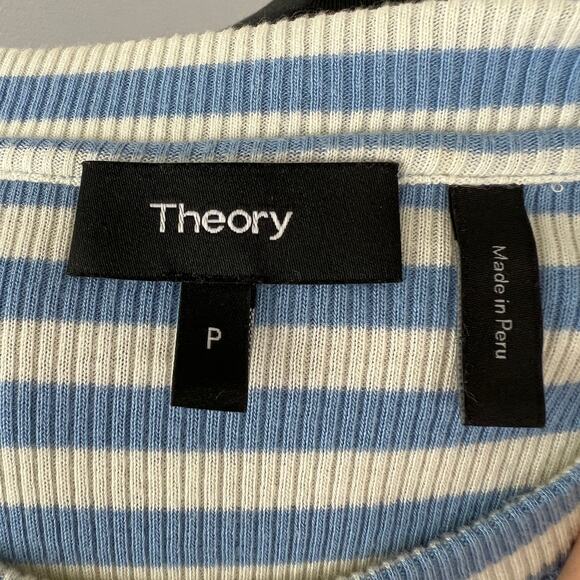 THEORY Blue and White Stripe Short Sleeve Ribbed Knit Top Sweater Slim-Fit P XS - Picture 7 of 7
